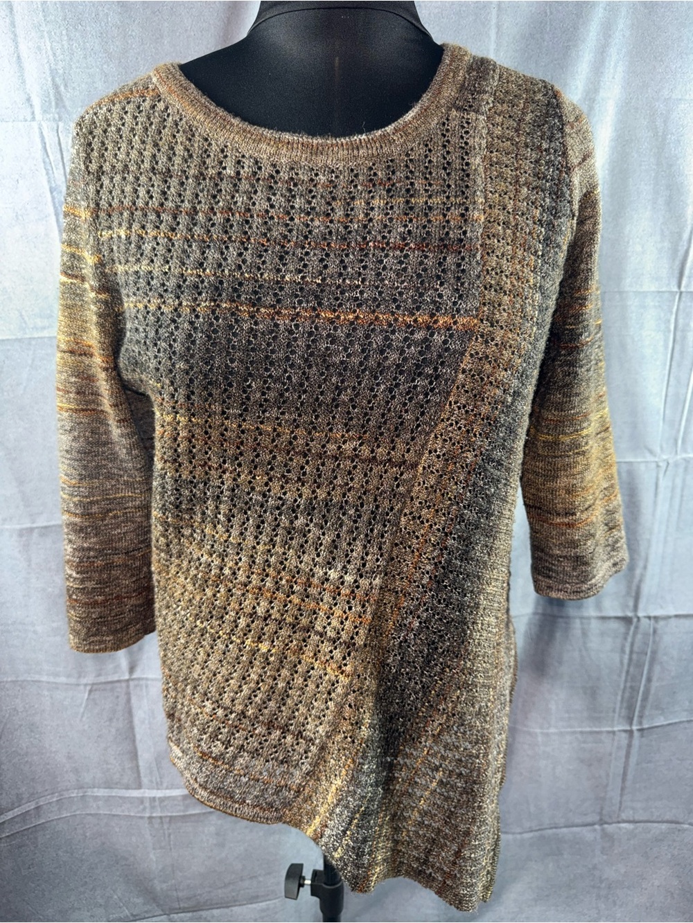 3017-Dress Barn Brown and Gold Open-Knit Crewneck Sweater